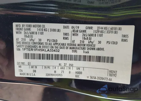 2019 Ford Ranger Lariat из США, поврежденный, VIN 1FTER1FH5KLA33432